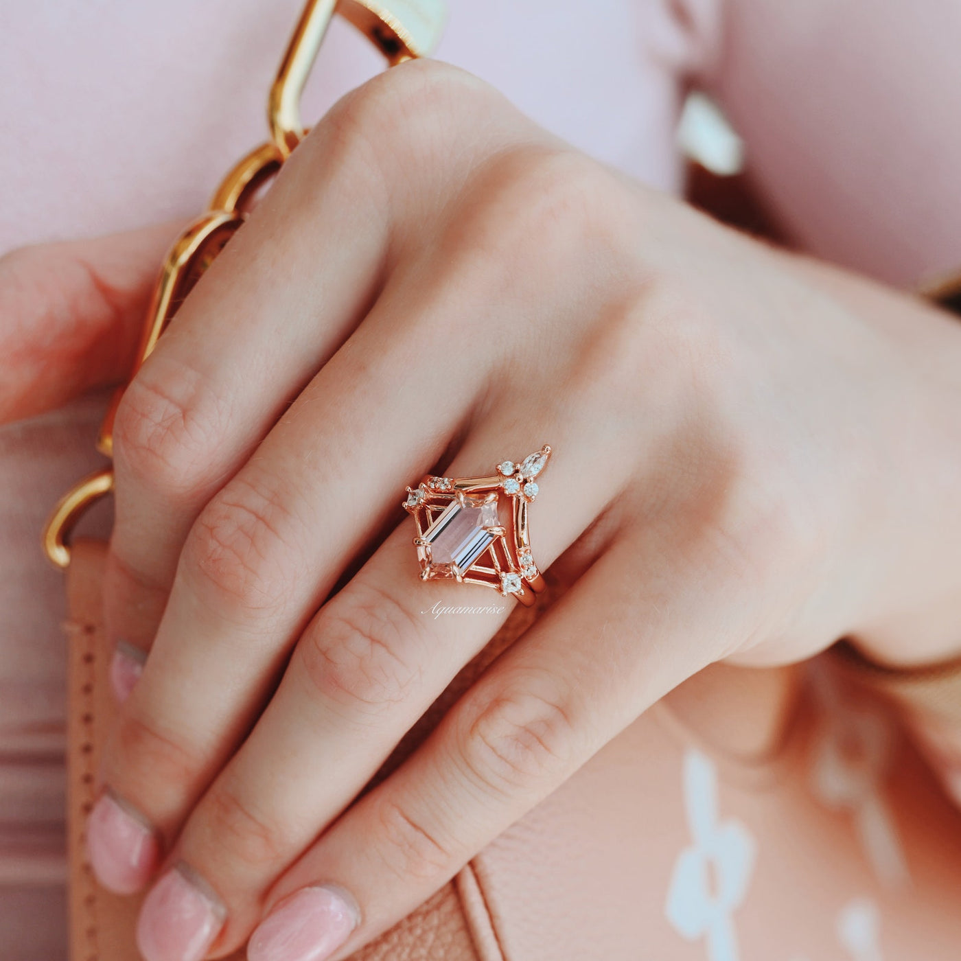 Celtic Hexagon Morganite Ring Set For Woman- 14K Rose Gold Vermeil Vintage Engagement Ring- Unique Promise Ring- Anniversary Gift For Her