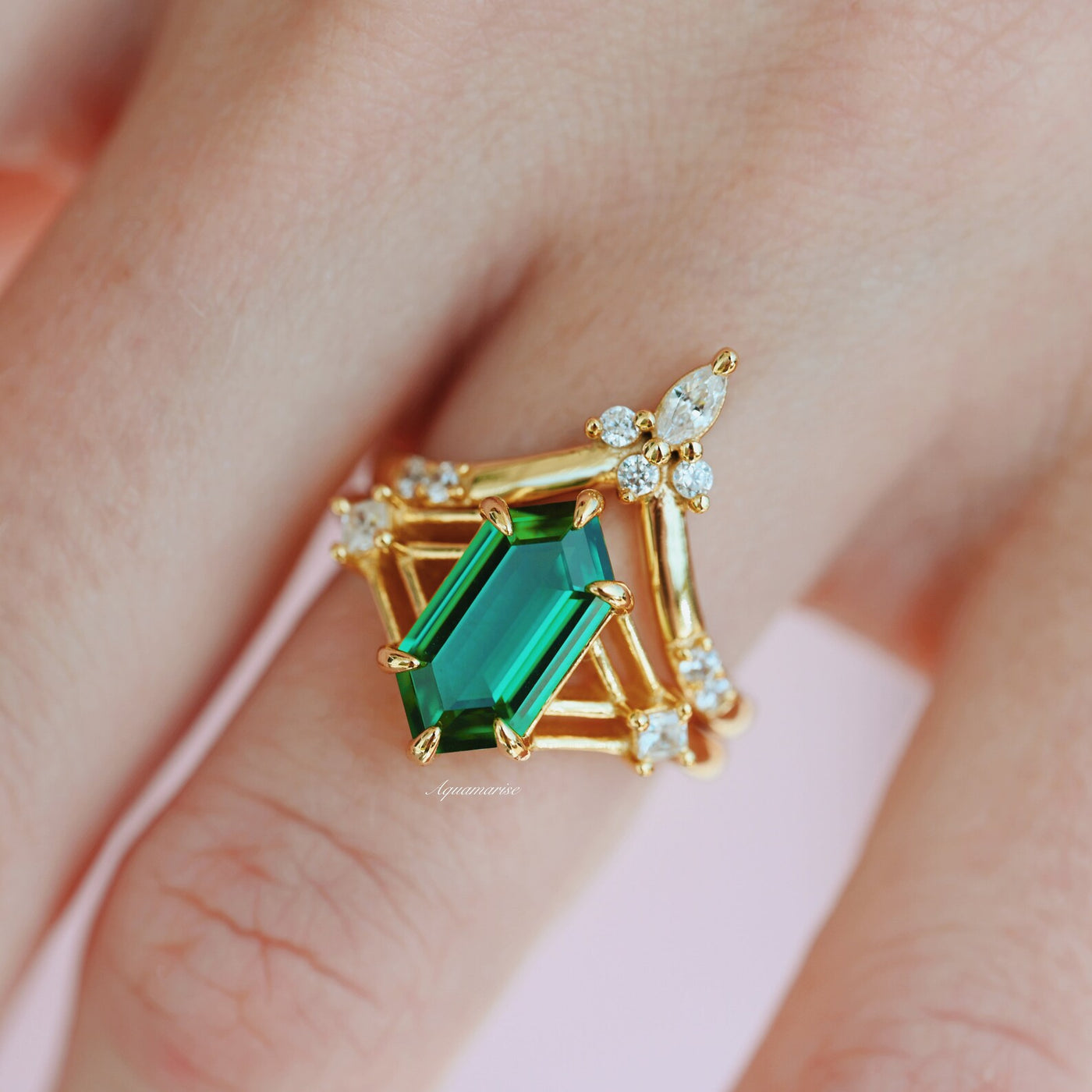 Celtic Hexagon Emerald Gold Ring For Women- 14K Gold Vermeil Vintage Engagement Ring Promise Ring- May Birthstone- Anniversary Gift For Her