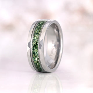 Hexagon Coffin Green Moss Agate Couples Ring Set