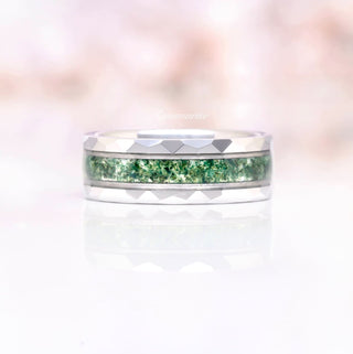 Hexagon Coffin Green Moss Agate Couples Ring Set