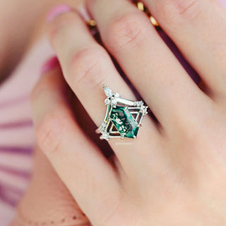 Celtic Hexagon Cut Green Moss Agate Ring Set in Sterling Silver