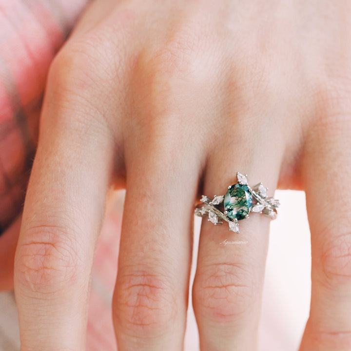 Green Moss Agate Leaf Ring- 14K White Gold