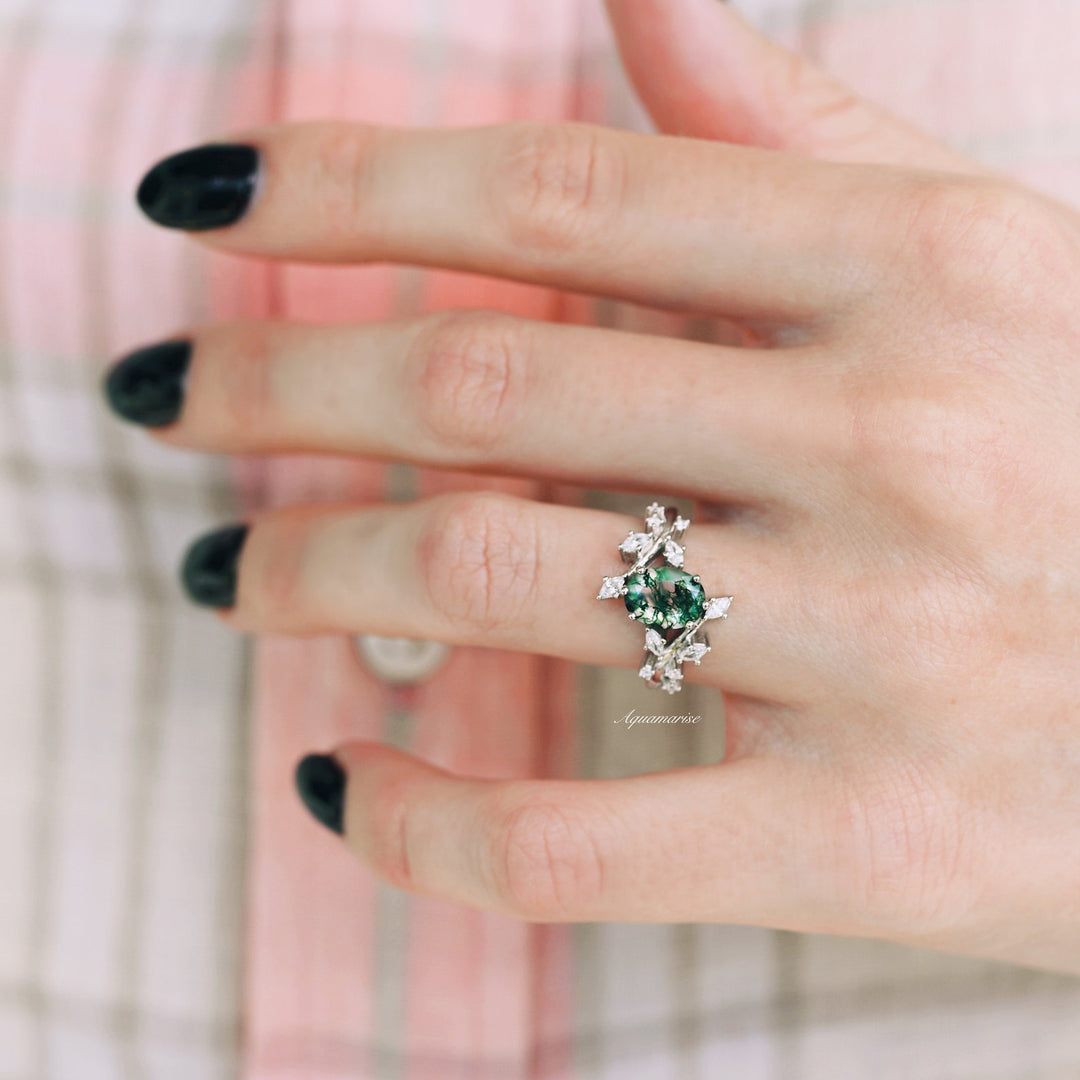 Green Moss Agate Leaf Ring- 14K White Gold