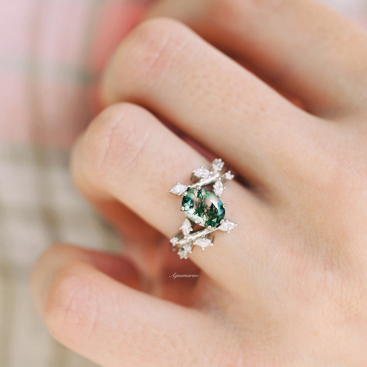 Green Moss Agate Leaf Ring- 14K White Gold