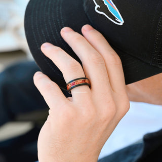 Ruby and Rose Gold Leaf Wedding Band in Two Tone Black Tungsten (8mm)