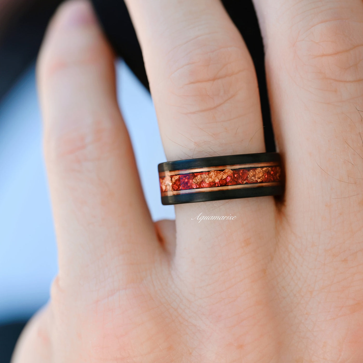 Rose Gold Leaf Ruby Ring- Black and Rose Gold Two Tone Mens Wedding Band- Unique Gemstone Crushed Red Ruby Ring- Brushed Black Tungsten Ring