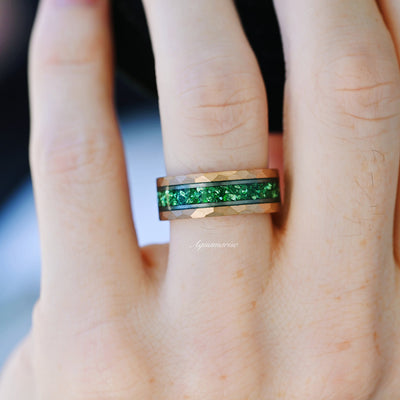 Crushed Emerald Rose Gold Men's Wedding Band Hammered Emerald Ring- 8mm Tungsten Men's Emerald Wedding Band Brushed Comfort Fit Gift for Him