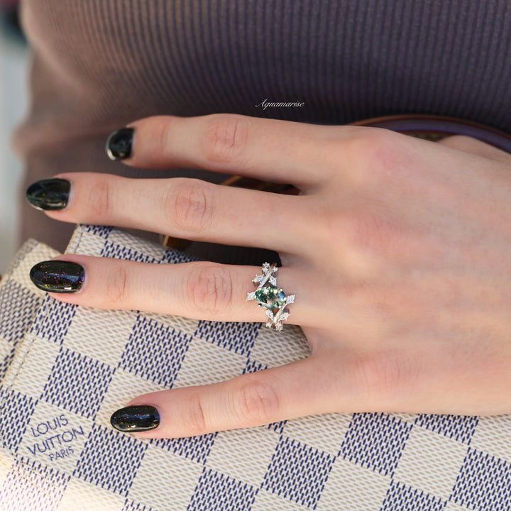 Green Moss Agate Leaf Ring- Sterling Silver