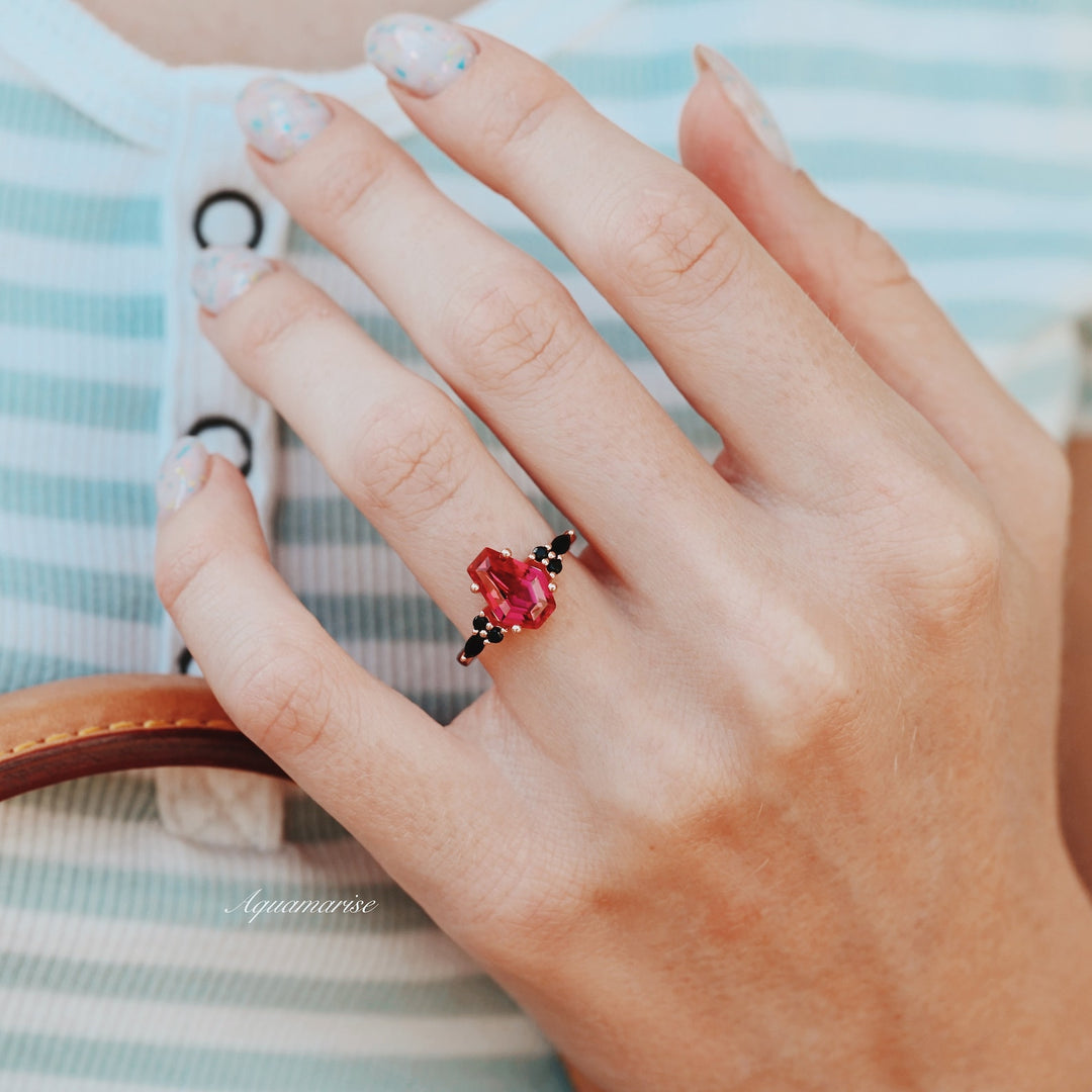 Coffin Cut Ruby & Black Onyx Ring- 14K Rose Gold Vermeil