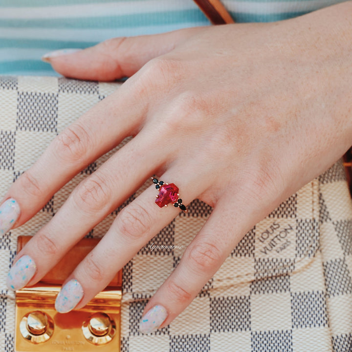 Coffin Cut Ruby & Black Onyx Ring- 14K Rose Gold Vermeil