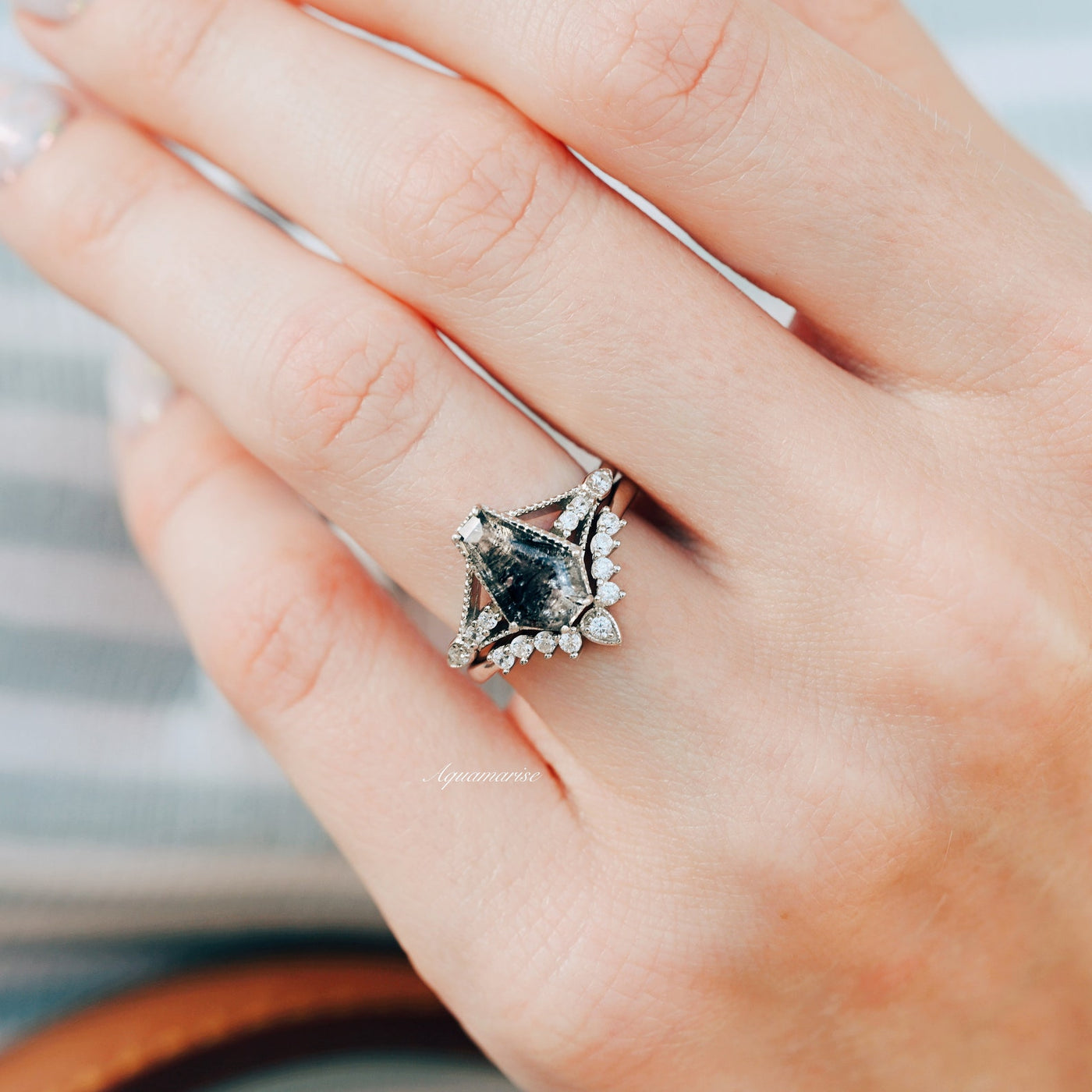 Galaxy Raw Salt and Pepper Diamond Ring- Coffin Cut Natural Herkimer Diamond Engagement Ring-Bridal Ring Set- Promise Ring Sterling Silver