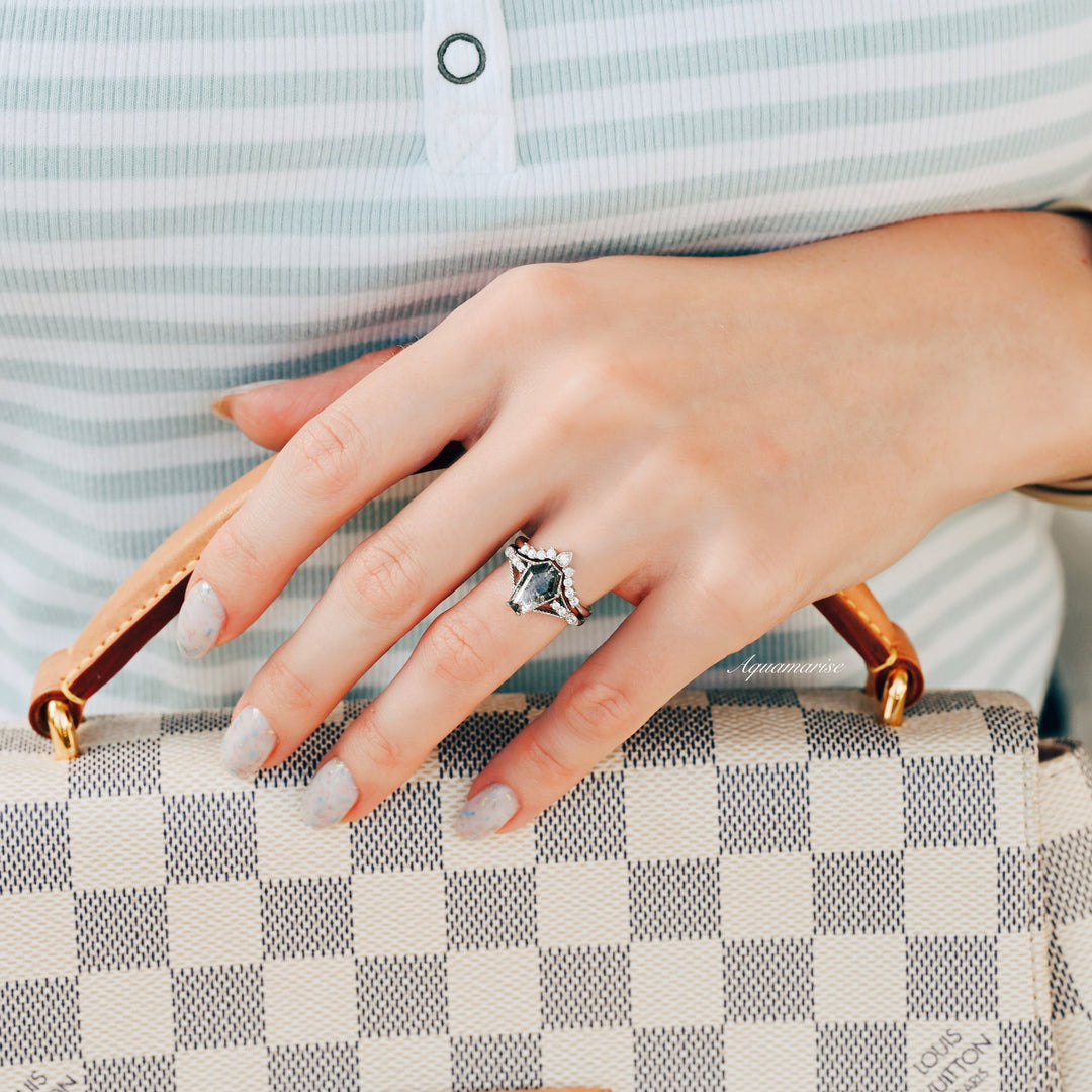 Coffin Cut Salt and Pepper Diamond (Herkimer Diamond) Ring Set- 14K White Gold