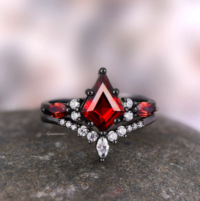 Skye Natural Red Garnet Couples Ring Set- His and Hers Matching Wedding Band