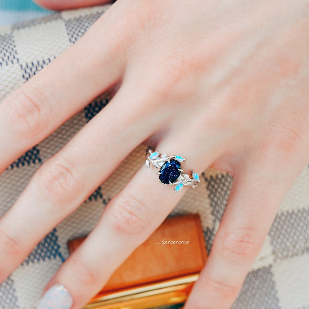 Starry Night & Australian Opal Leaf Ring- 14K White Gold