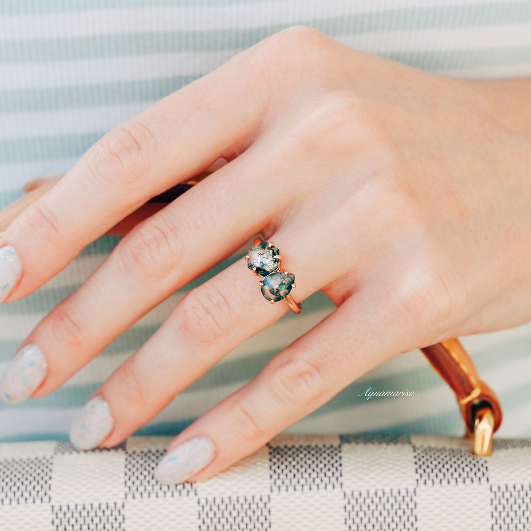 'Toi Et Moi' Green Moss Agate Ring- 14K Rose Gold Vermeil