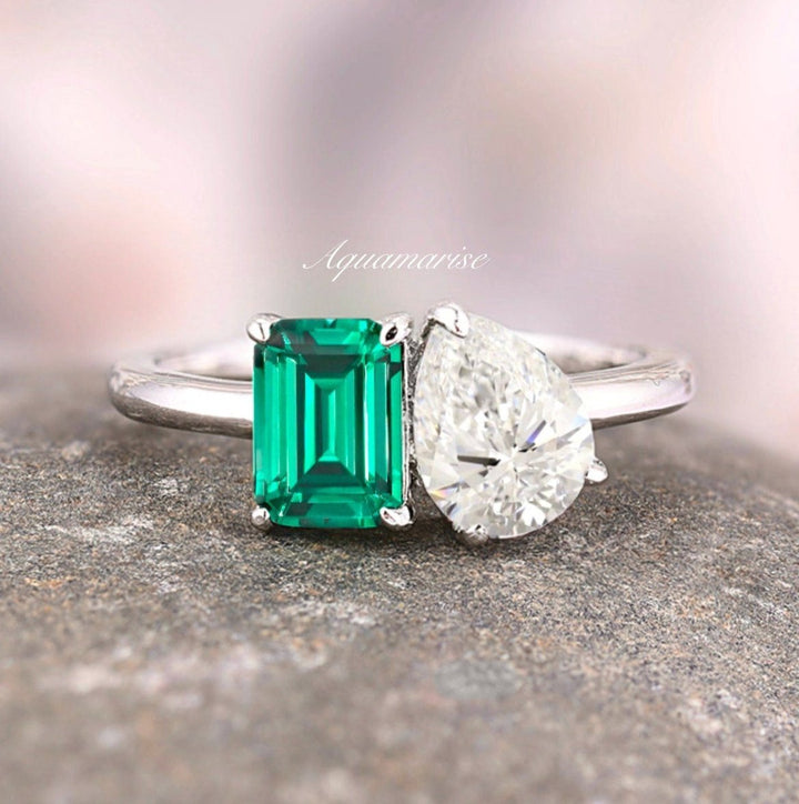 'Toi Et Moi' Minimalist Emerald & Diamond (cz) Ring- 925 Sterling Silver