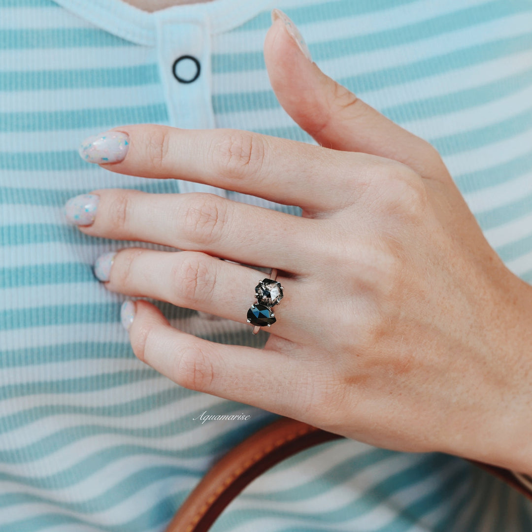 'Toi Et Moi' Salt & Pepper (Herkimer Diamond) & Black Black Onyx Ring- 925 Sterling Silver