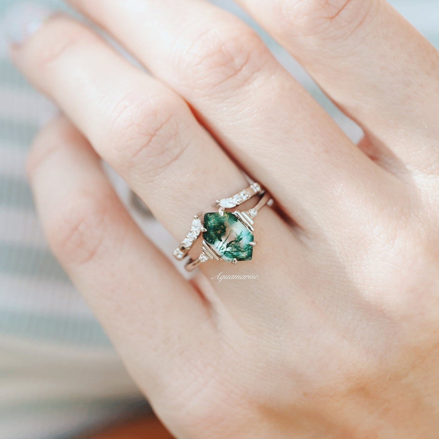 Hexagon Green Moss Agate Ring Set For Women- 925 Sterling Silver Natural Agate Engagement Ring- Unique Promise Ring Anniversary Gift For Her