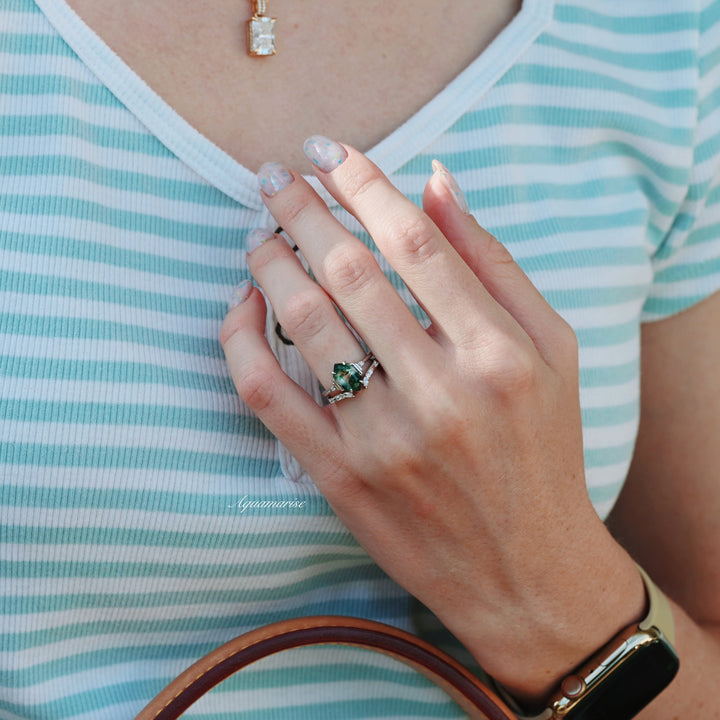 Hexagon Green Moss Agate Ring Set- 925 Sterling Silver