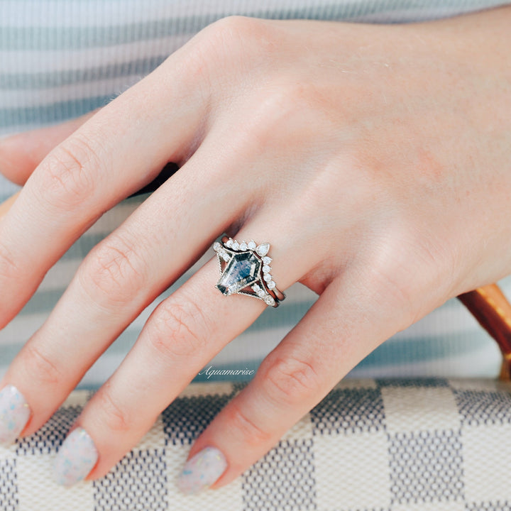 Galaxy Salt & Pepper (Herkimer) Diamond & Meteorite Couples Ring Set