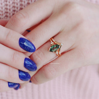Hexagon Coffin Green Moss Agate Ring Set in 14K Rose Gold Vermeil
