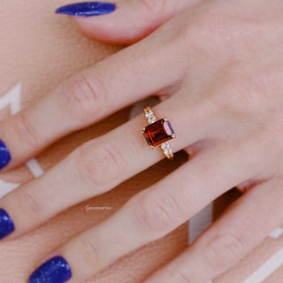 Emerald Cut Red Garnet Engagement Ring in 14K Solid Rose Gold (Hidden Halo)