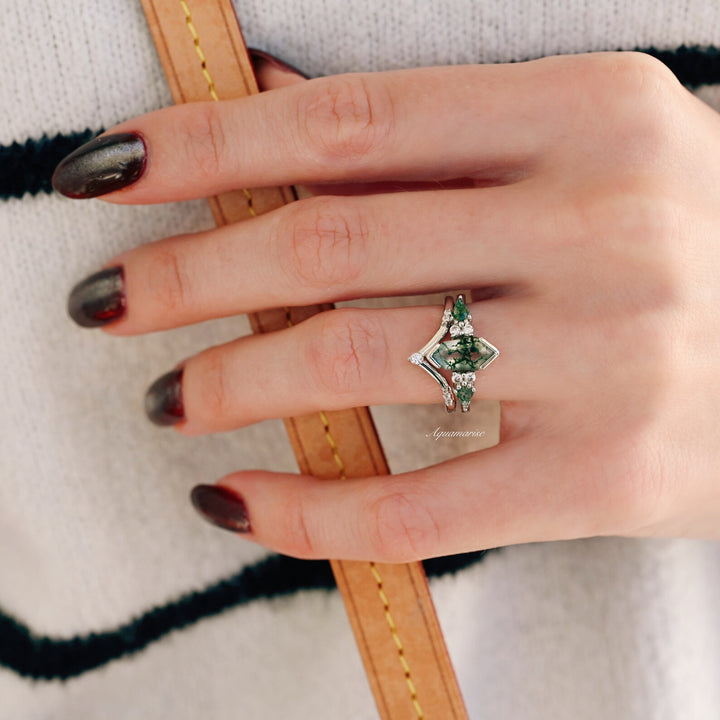 Green Moss Agate Ring Set- 14K White Gold