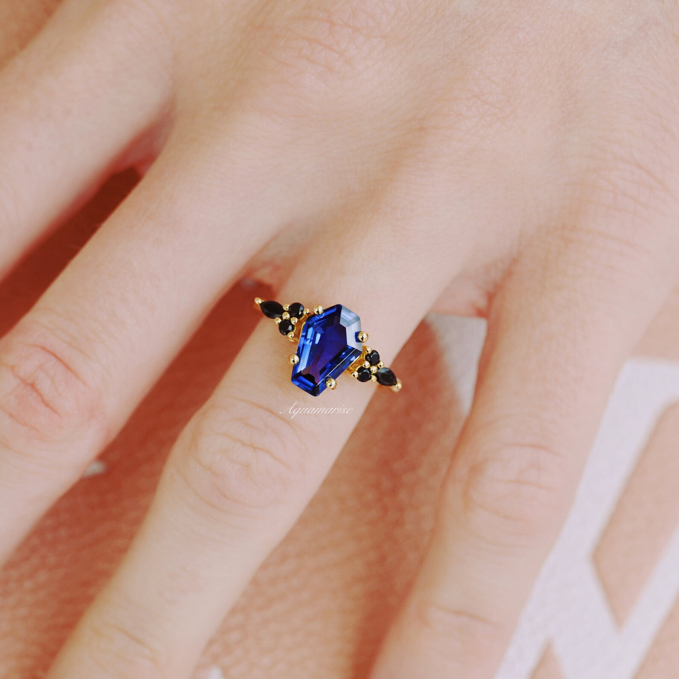 Coffin Cut Blue Sapphire & Black Diamond Ring 14K Gold Vermeil Engagement Ring For Women Bridal Ring- Promise Ring- Anniversary Gift For Her