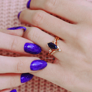 Galaxy Sandstone (Starry Night) Engagement Ring Set in 14K Solid Rose Gold