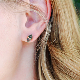 Raw Green Moss Agate Stud Earrings in 14K Rose Gold Vermeil