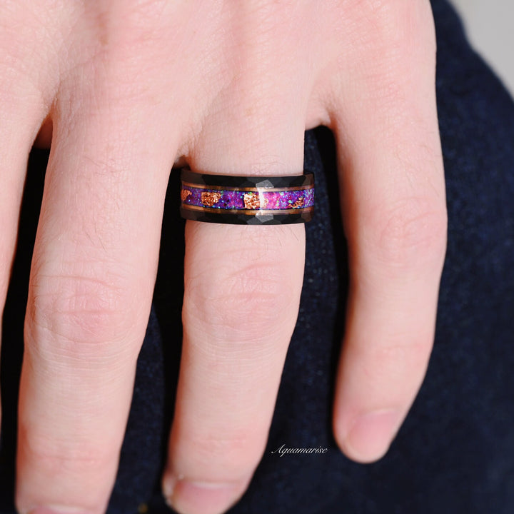 Purple Fire Opal & Rose Gold Leaf Band - 8MM Black Tungsten Carbide