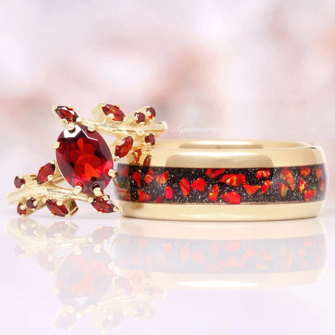 Natural Red Garnet Leaf Ring- 14K Solid Yellow Gold