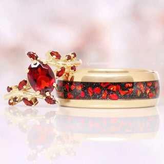 Natural Garnet & Red Fire Opal Leaf Couples Ring Set