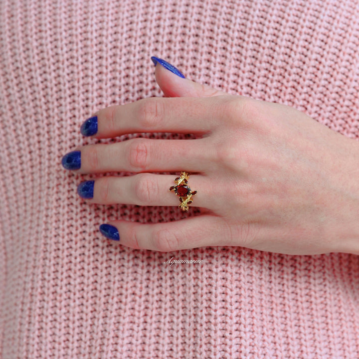 Natural Red Garnet Leaf Ring- 14K Solid Yellow Gold