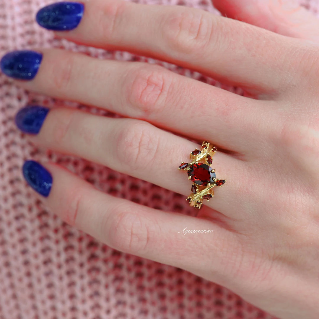 Natural Garnet & Red Fire Opal Leaf Couples Ring