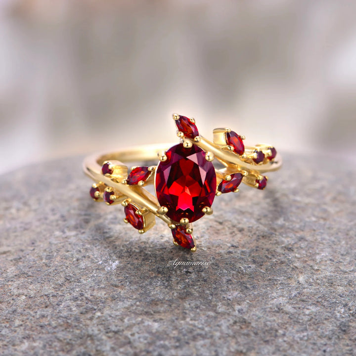 Natural Garnet & Red Fire Opal Leaf Couples Ring