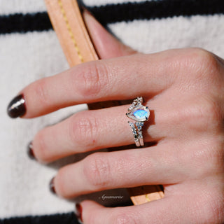 Teardrop Natural Moonstone Engagement Ring Set in 14K White Gold