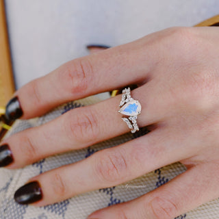Teardrop Natural Moonstone Engagement Ring Set in 14K White Gold
