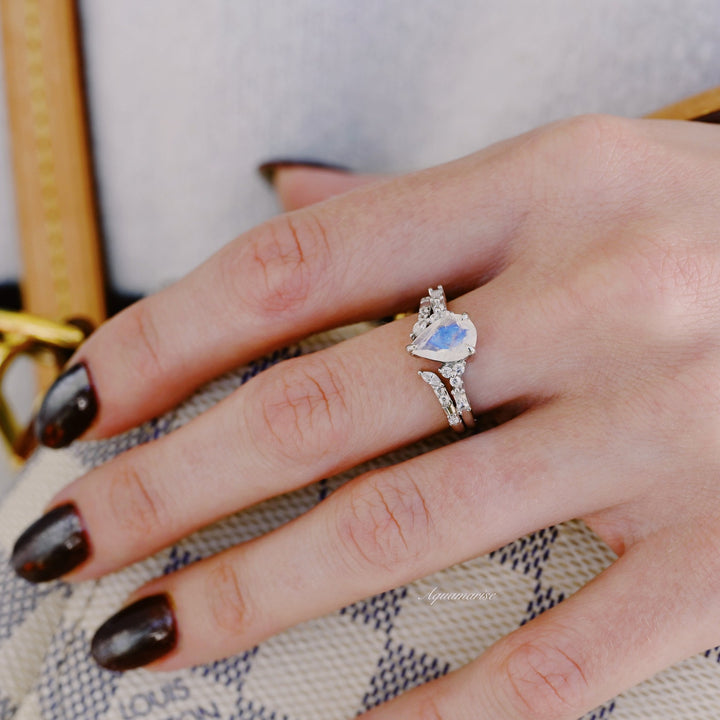 Teardrop Natural Moonstone Ring Set - Sterling Silver