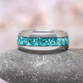 Minimalist Crushed Aquamarine Couples Ring Set