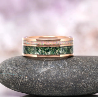 Moss Agate & Fire Opal Couples Ring Set