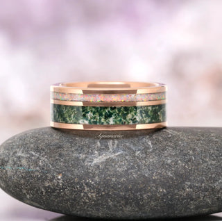 Moss Agate & Fire Opal Couples Ring Set