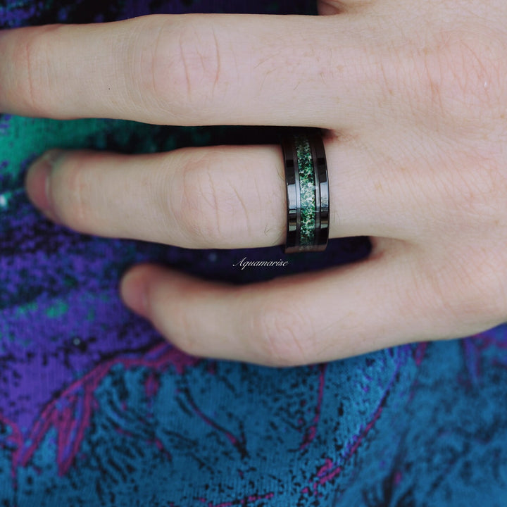 Moss Agate Wedding Band- 8MM Black Tungsten