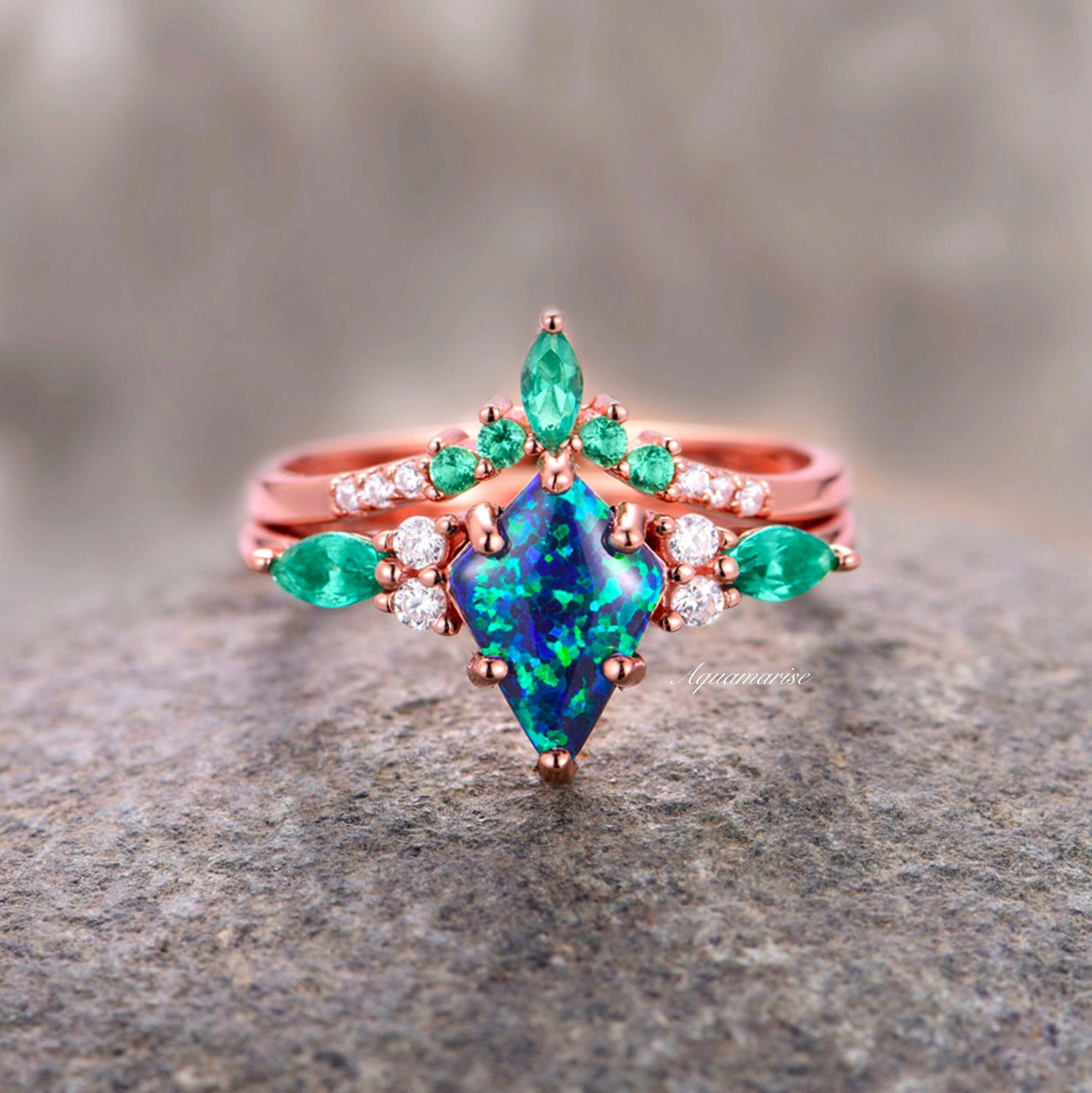 Skye Peacock Opal Couples Ring Set- His and Hers Matching Wedding Band Peacock Teal Rose Gold Vermeil & Tungsten