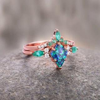 Skye Kite®  Peacock Fire Opal & Emerald Couples Ring Set