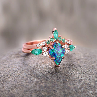Skye Peacock Opal Couples Ring Set- His and Hers Matching Wedding Band Peacock Teal Rose Gold Vermeil & Tungsten