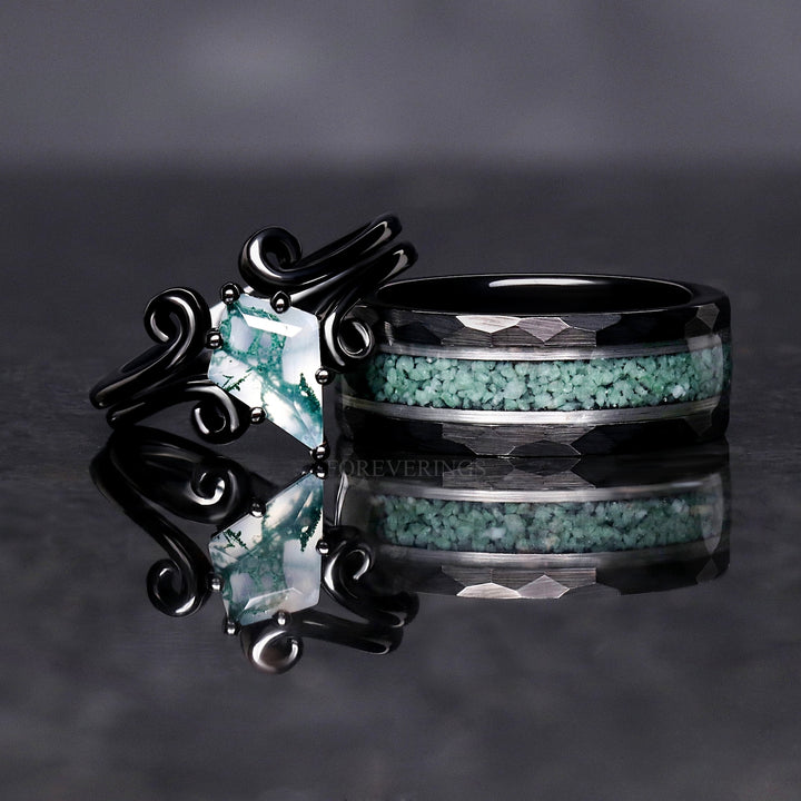 Green Moss Agate Twirl Couples Ring Set