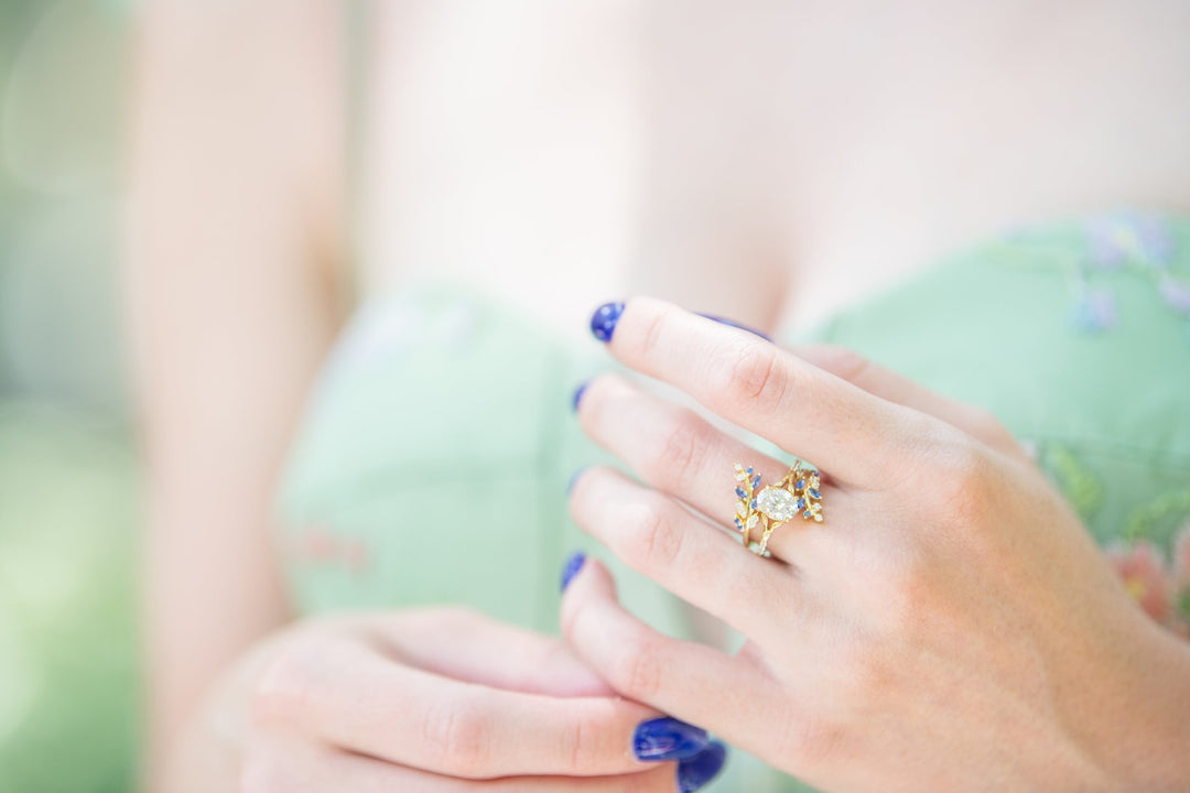 Blue Sapphire & Moissanite/Diamond Leaf Engagement Ring Set- 14K Solid Yellow Gold