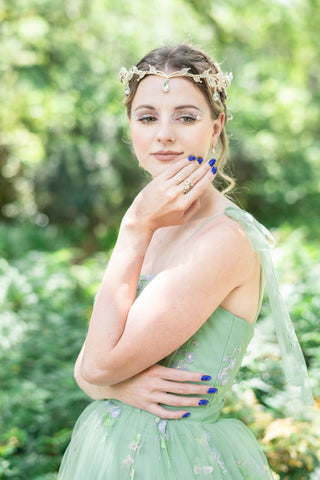 Blue Sapphire & Simulated Diamond Leaf Engagement Ring Set in 14K Yellow Gold Vermeil