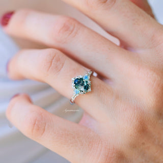 Moss Agate & Opalescent Sapphire Engagement Ring in 14K White Gold